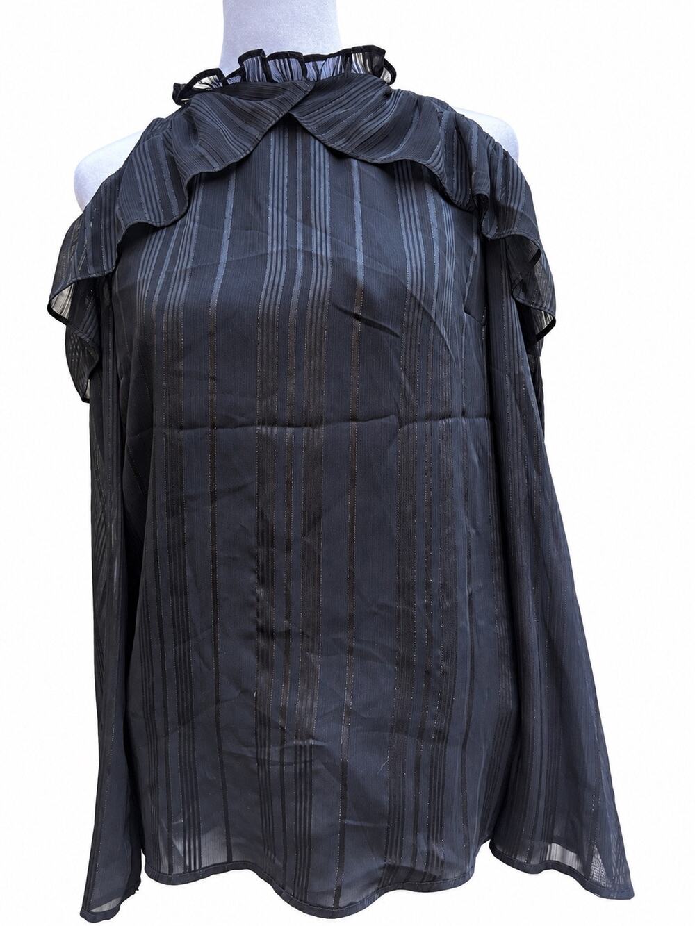 WAYF Black Sheer Striped Cold Shoulder Ruffle Blouse Size S